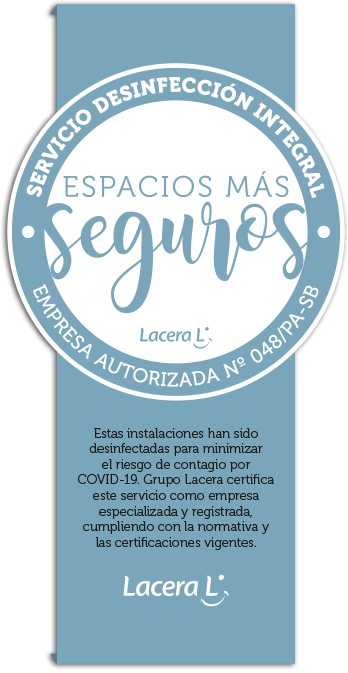 Espacio Seguro. Certificado Desinfección COVID-19. Empresa autorizada. Estas instalaciones han sido desinfectadas con protocolos y procesos que garantizan la seguridad sanitaria para los usuarios contra el COVID-19.